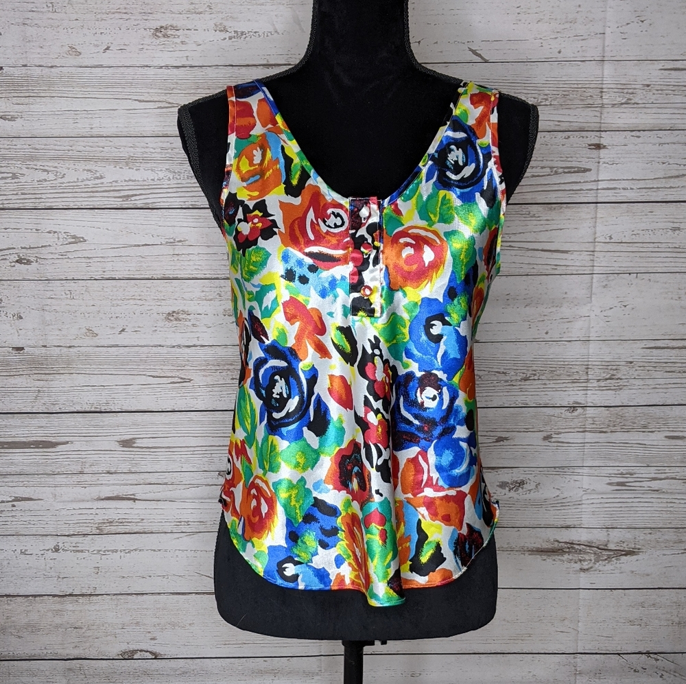 victoria's secret • 1980s gold label satin floral tank top